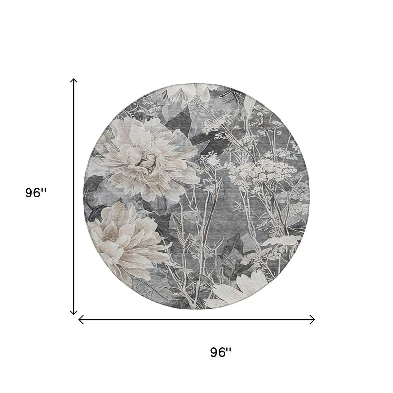 8' Gray And Silver Round Floral Washable Indoor Outdoor Area Rug Homeroots Outdoor