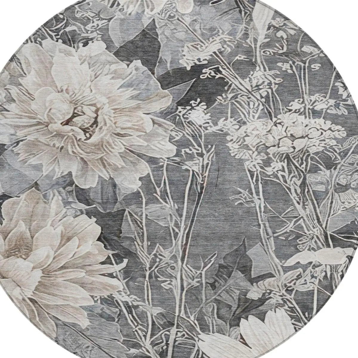 8' Gray And Silver Round Floral Washable Indoor Outdoor Area Rug Homeroots Outdoor