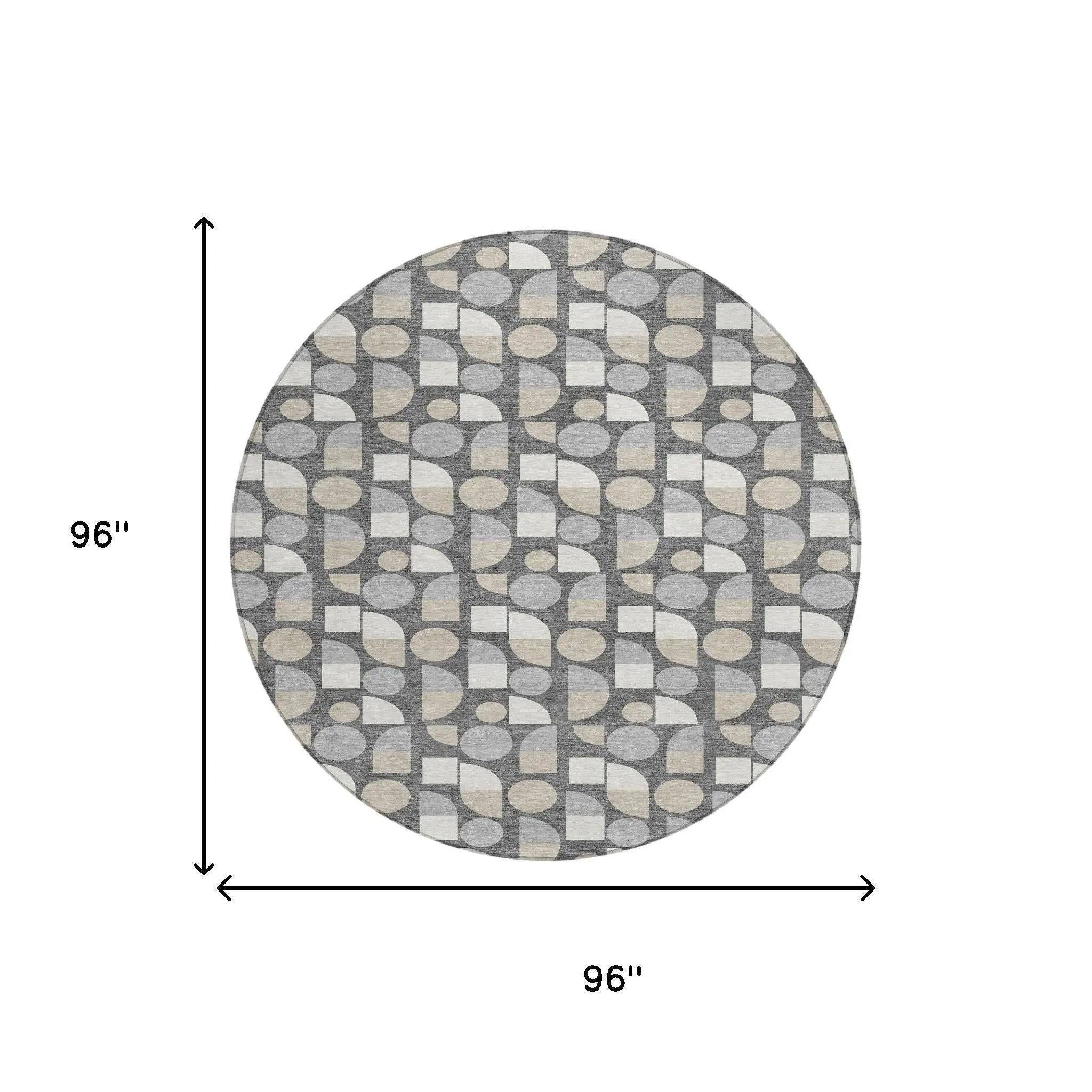 8' Gray And Silver Round Geometric Washable Indoor Outdoor Area Rug Homeroots Outdoor