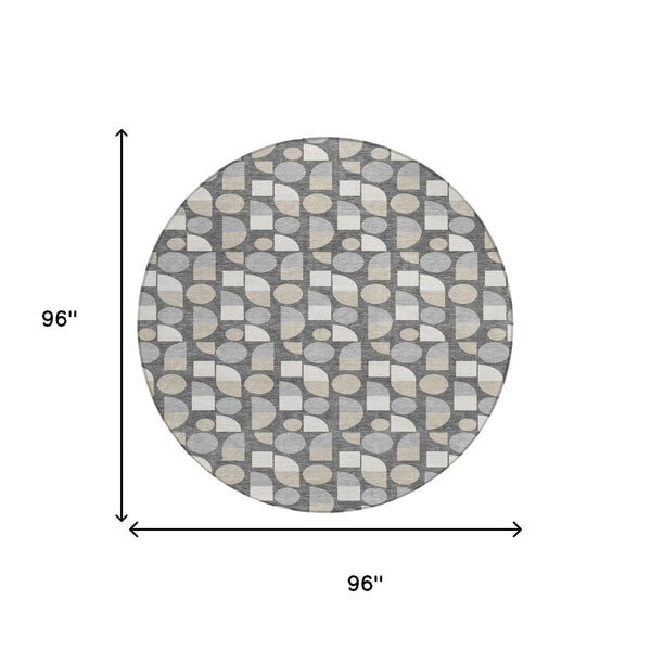8' Gray And Silver Round Geometric Washable Indoor Outdoor Area Rug Homeroots Outdoor