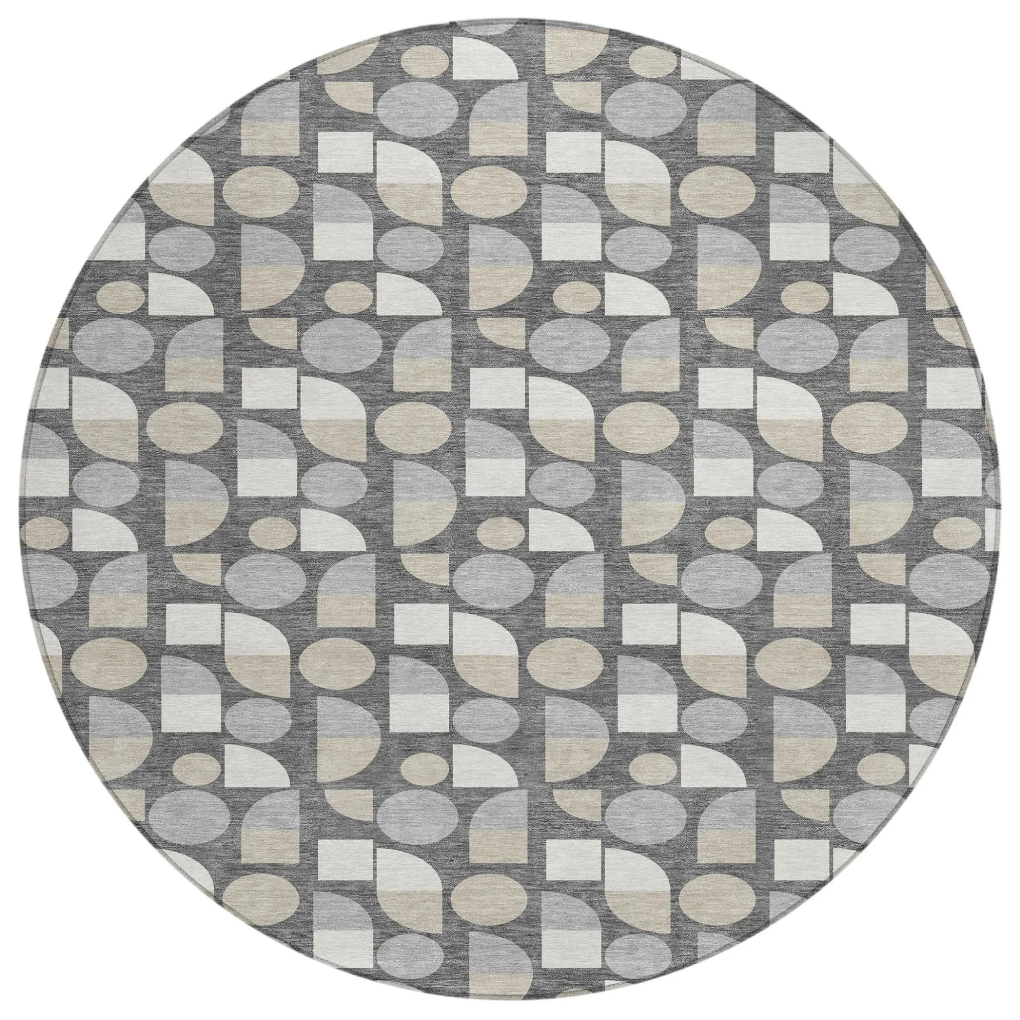 8' Gray And Silver Round Geometric Washable Indoor Outdoor Area Rug Homeroots Outdoor