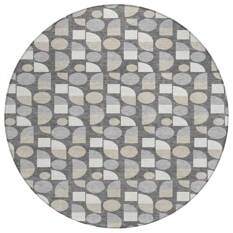 8' Gray And Silver Round Geometric Washable Indoor Outdoor Area Rug Homeroots Outdoor