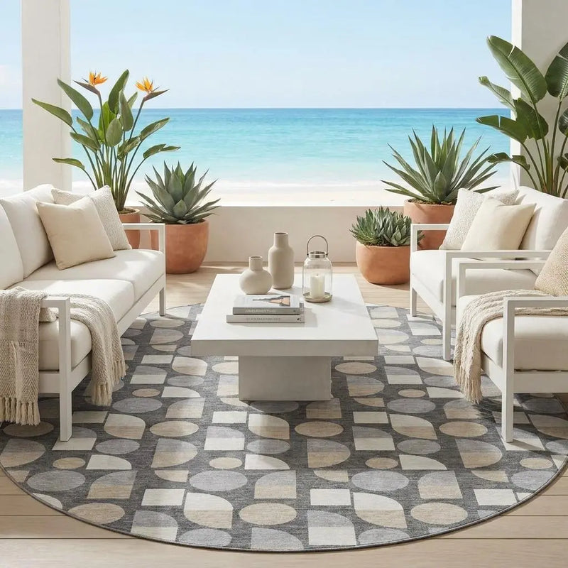 8' Gray And Silver Round Geometric Washable Indoor Outdoor Area Rug Homeroots Outdoor