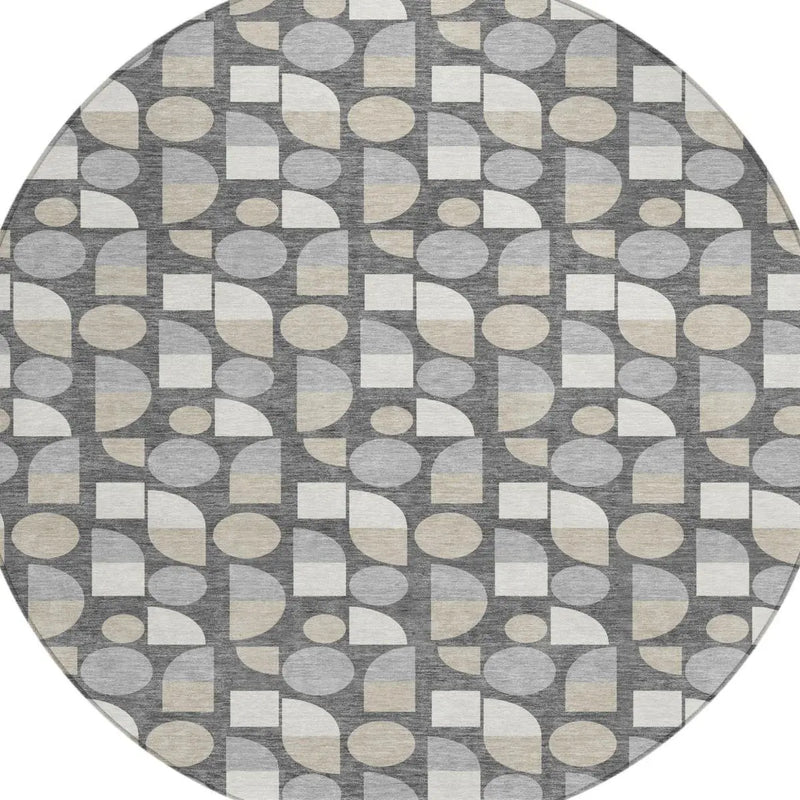 8' Gray And Silver Round Geometric Washable Indoor Outdoor Area Rug Homeroots Outdoor