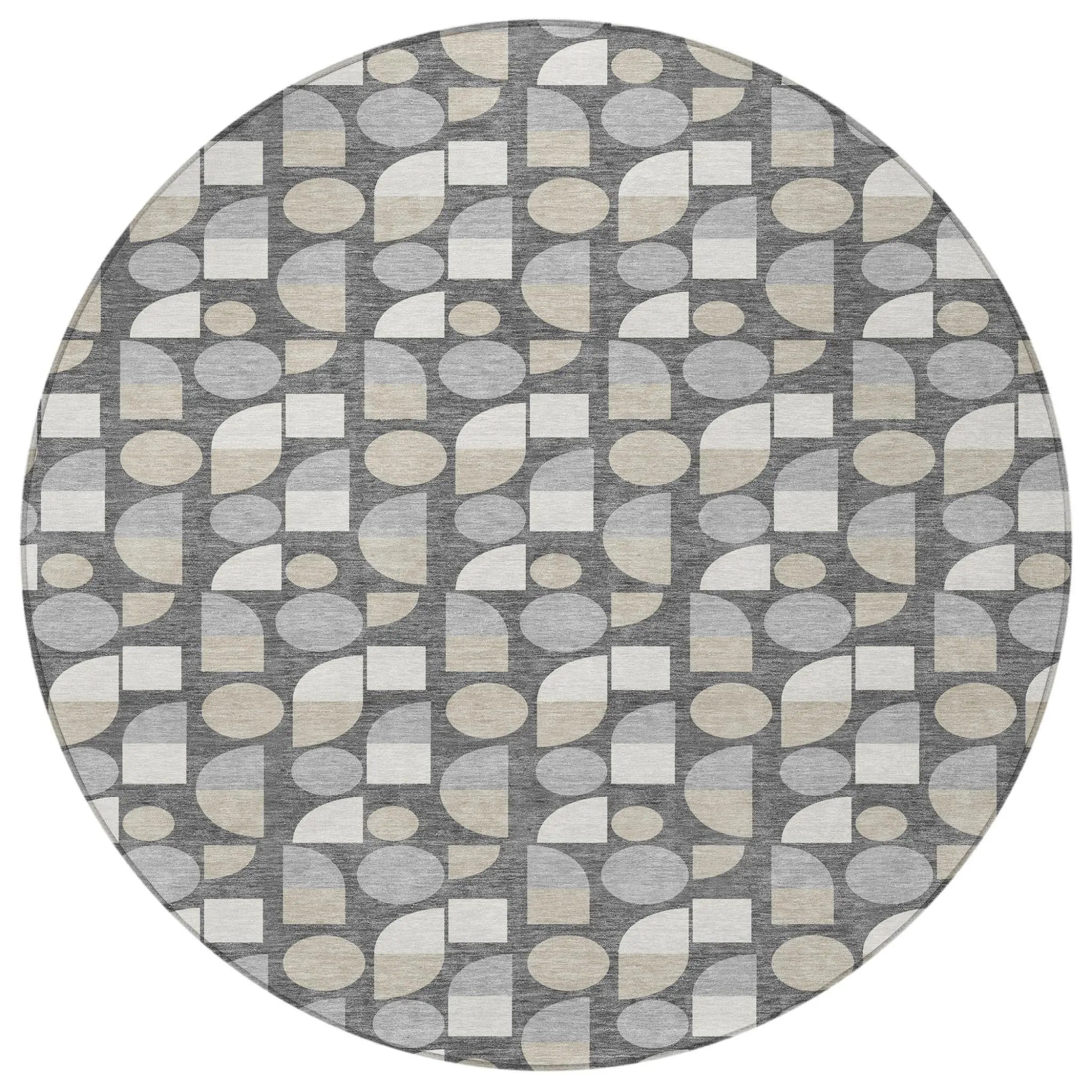 8' Gray And Silver Round Geometric Washable Indoor Outdoor Area Rug Homeroots Outdoor