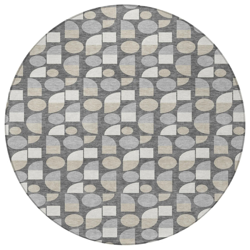 8' Gray And Silver Round Geometric Washable Indoor Outdoor Area Rug Homeroots Outdoor