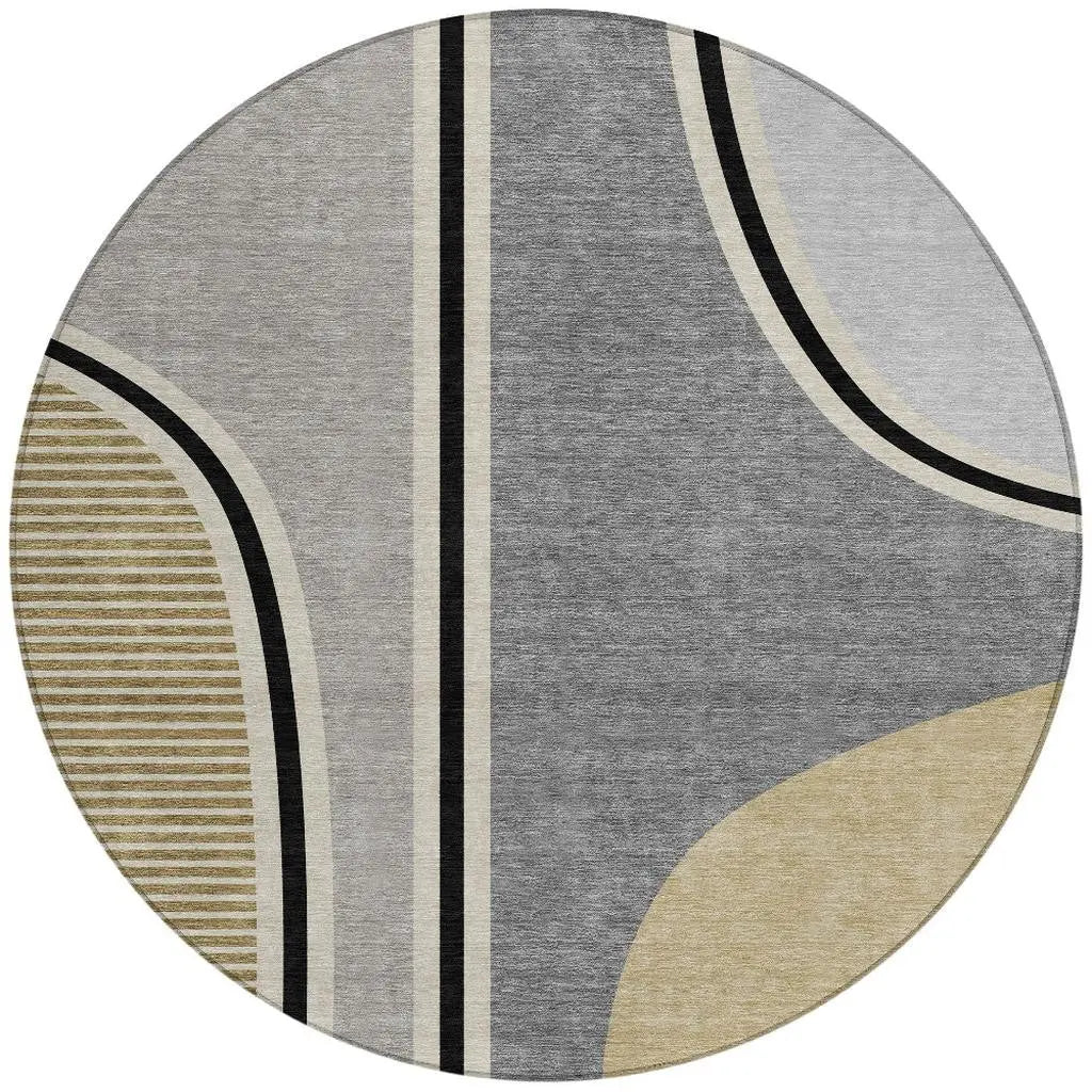 8' Gray And Silver Round Geometric Washable Indoor Outdoor Area Rug Homeroots Outdoor