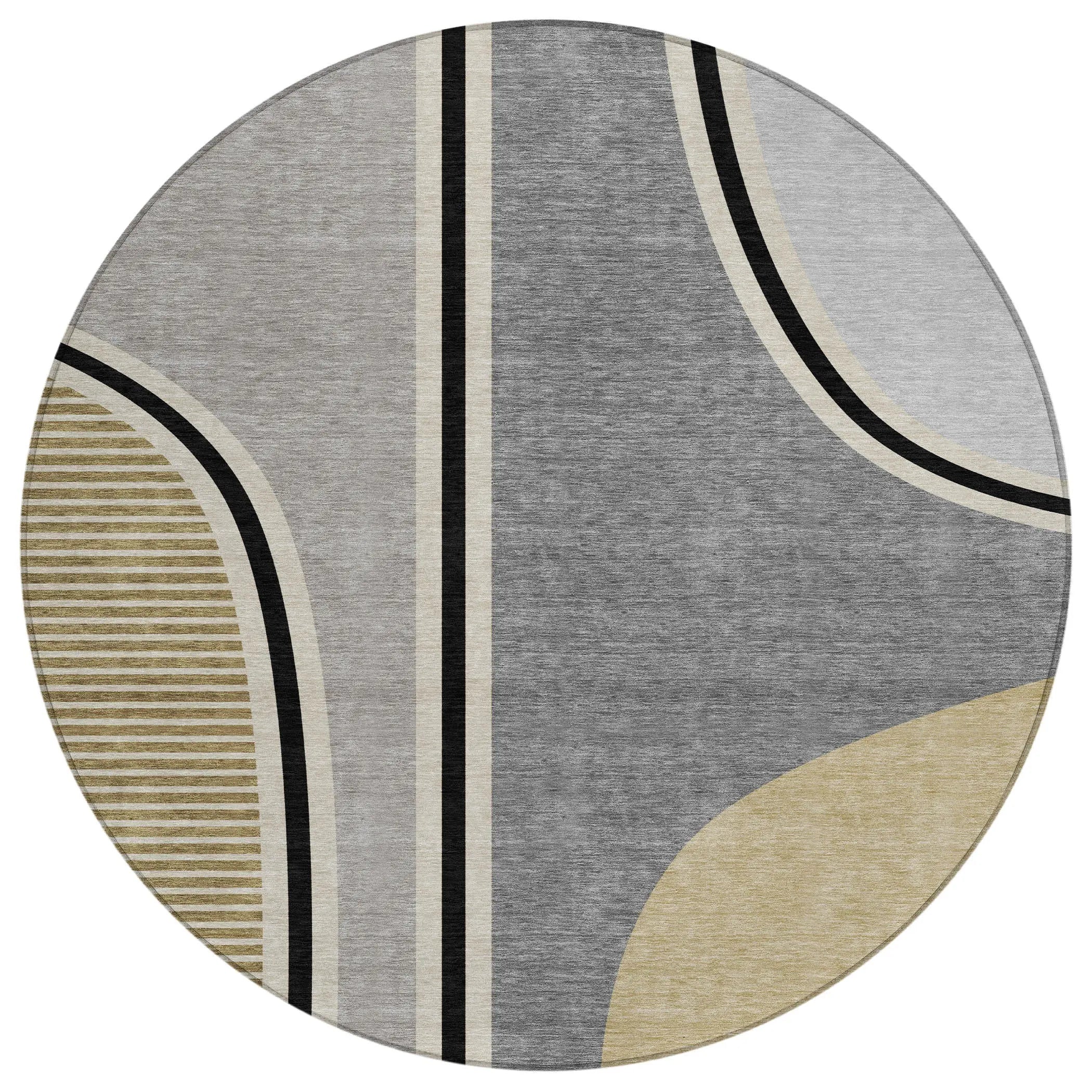 8' Gray And Silver Round Geometric Washable Indoor Outdoor Area Rug Homeroots Outdoor