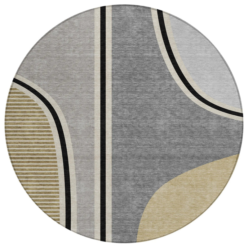 8' Gray And Silver Round Geometric Washable Indoor Outdoor Area Rug Homeroots Outdoor