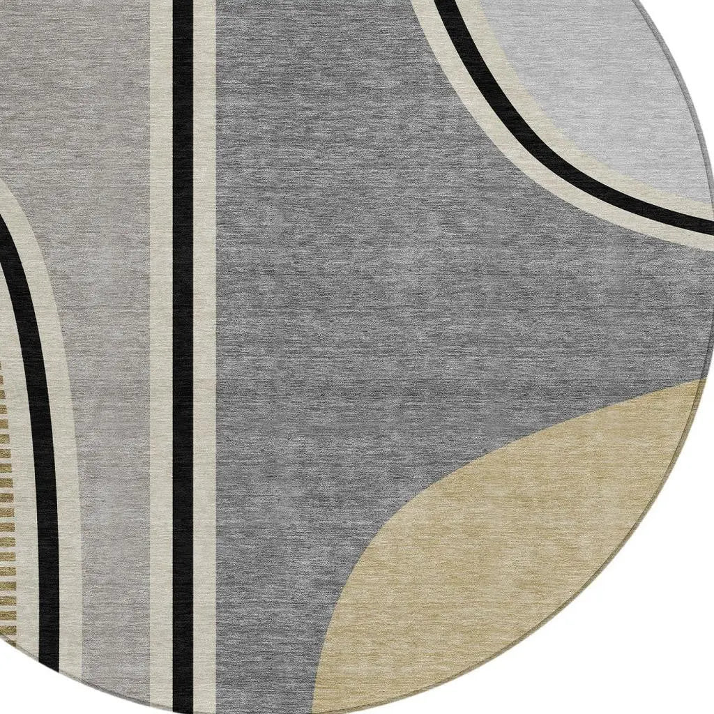 8' Gray And Silver Round Geometric Washable Indoor Outdoor Area Rug Homeroots Outdoor