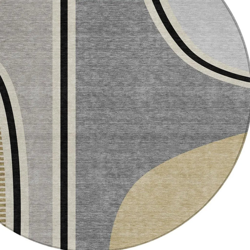 8' Gray And Silver Round Geometric Washable Indoor Outdoor Area Rug Homeroots Outdoor