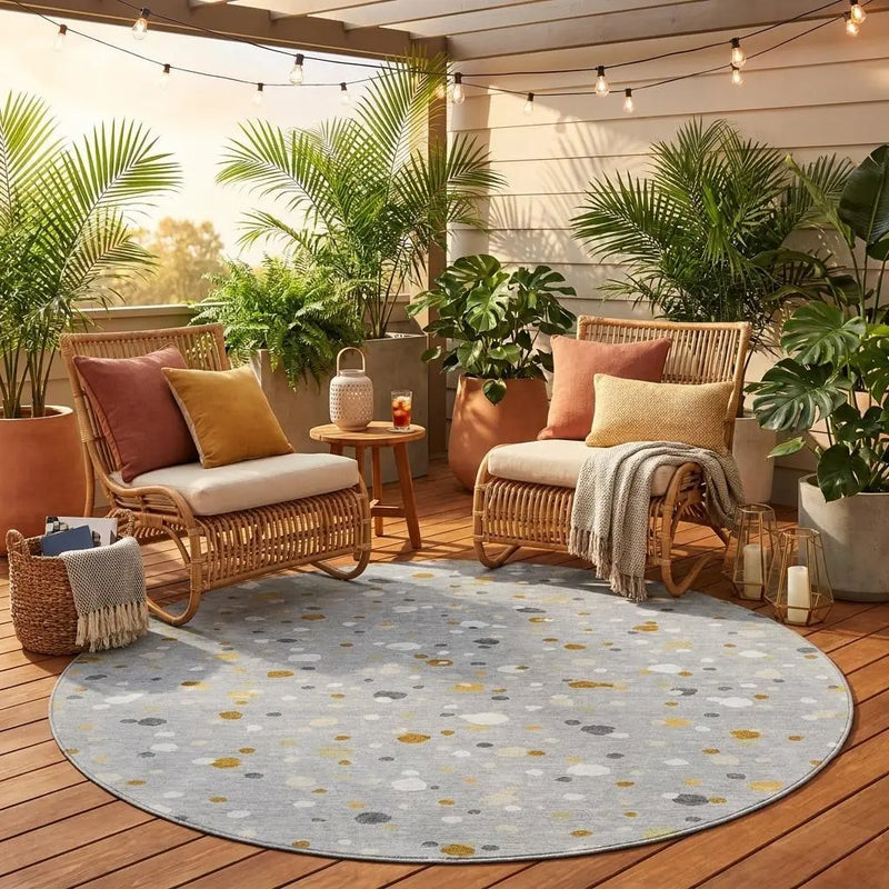 8' Gray And Silver Round Geometric Washable Indoor Outdoor Area Rug Homeroots Outdoor