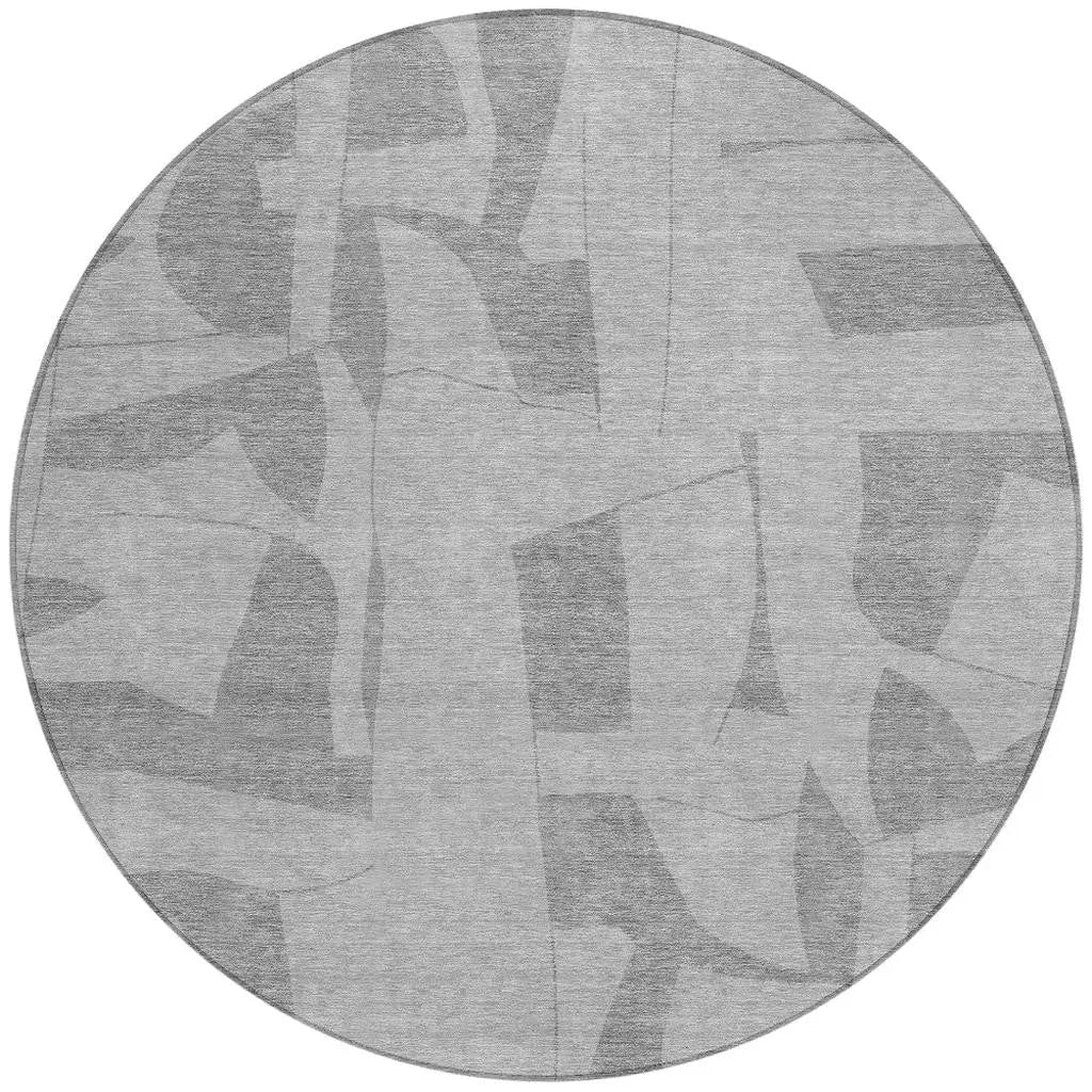8' Gray And Silver Round Geometric Washable Indoor Outdoor Area Rug Homeroots Outdoor