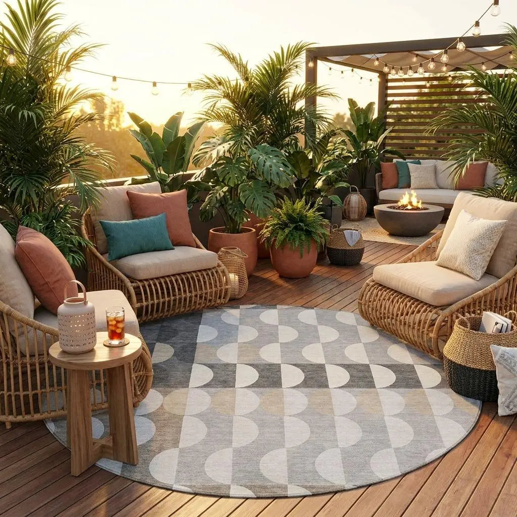 8' Gray And Silver Round Geometric Washable Indoor Outdoor Area Rug Homeroots Outdoor