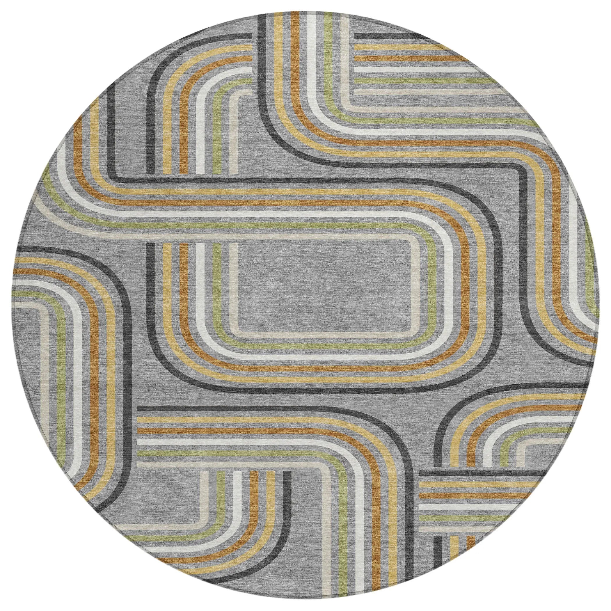 8' Gray And Silver Round Geometric Washable Indoor Outdoor Area Rug Homeroots Outdoor