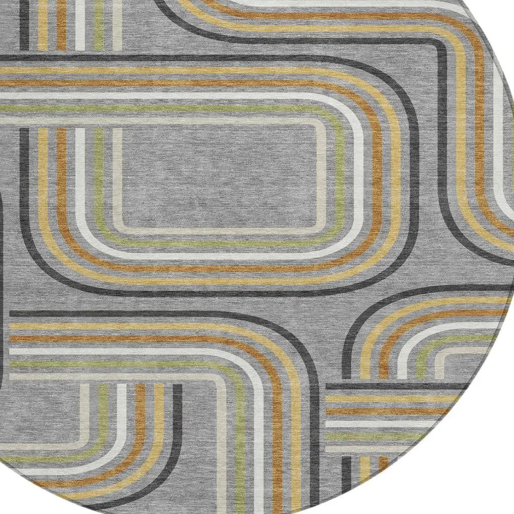 8' Gray And Silver Round Geometric Washable Indoor Outdoor Area Rug Homeroots Outdoor