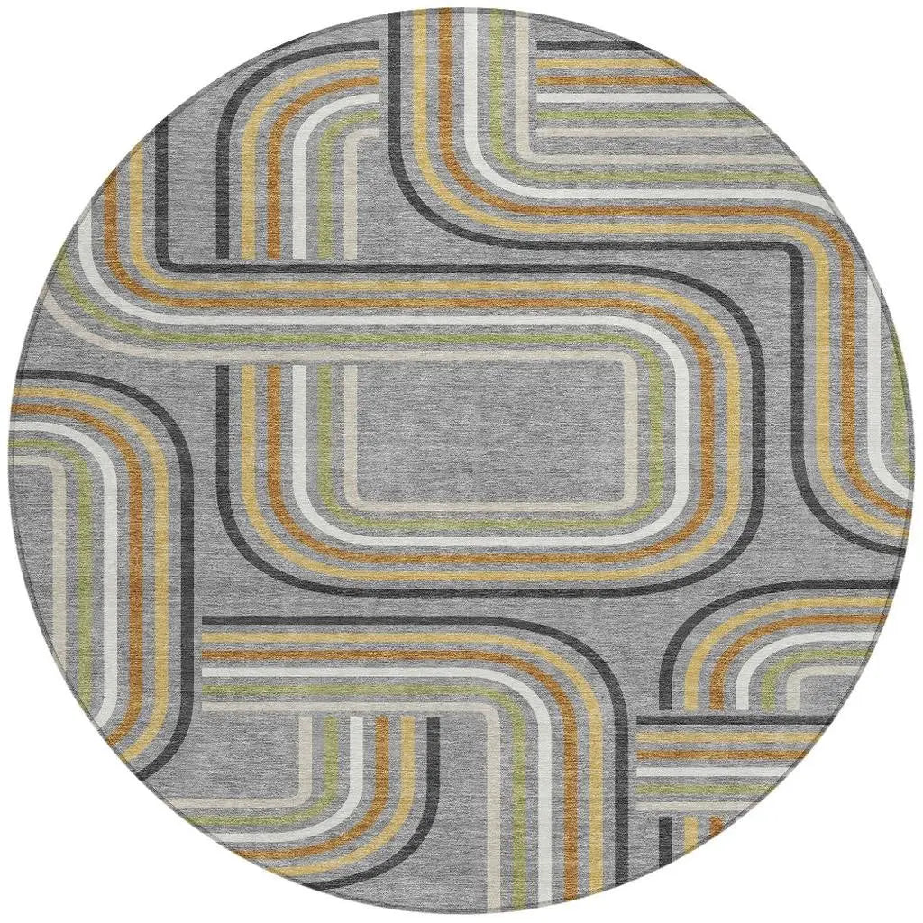 8' Gray And Silver Round Geometric Washable Indoor Outdoor Area Rug Homeroots Outdoor