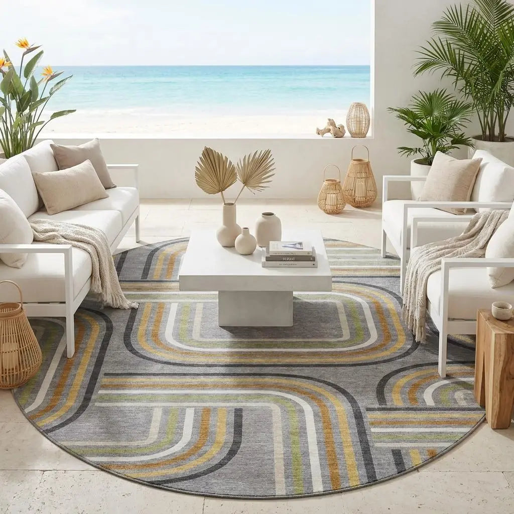 8' Gray And Silver Round Geometric Washable Indoor Outdoor Area Rug Homeroots Outdoor