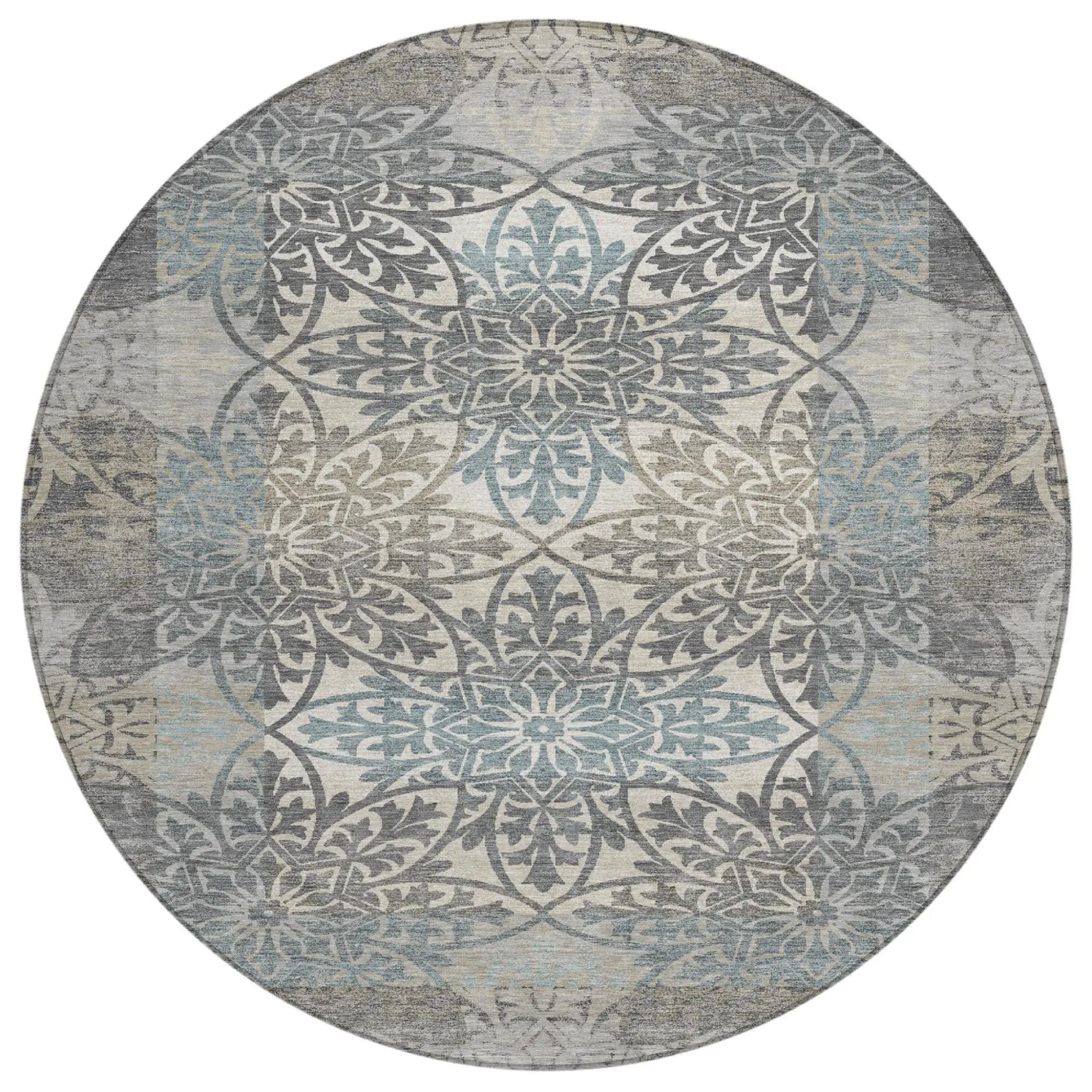 8' Gray And Silver Round Oriental Washable Indoor Outdoor Area Rug Homeroots Outdoor
