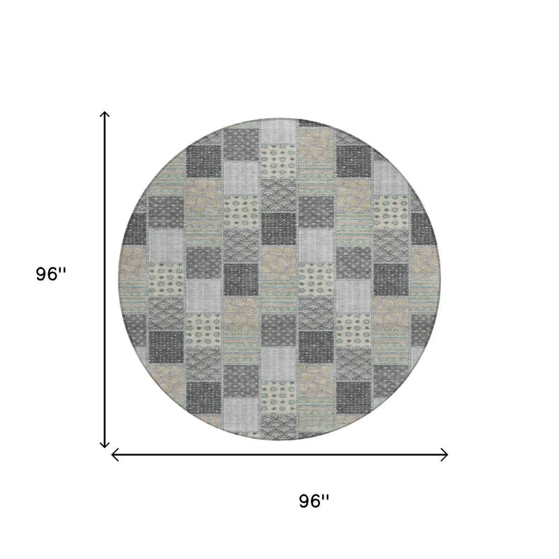 8' Gray And Silver Round Patchwork Washable Indoor Outdoor Area Rug Homeroots Outdoor