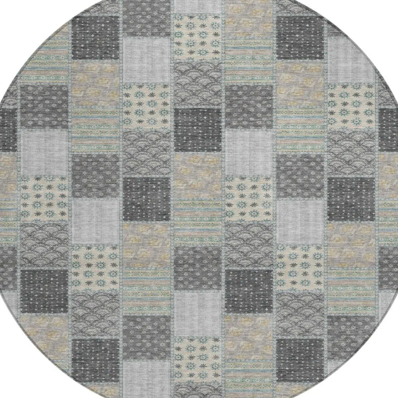 8' Gray And Silver Round Patchwork Washable Indoor Outdoor Area Rug Homeroots Outdoor