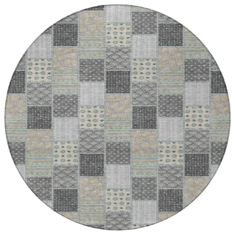 8' Gray And Silver Round Patchwork Washable Indoor Outdoor Area Rug Homeroots Outdoor