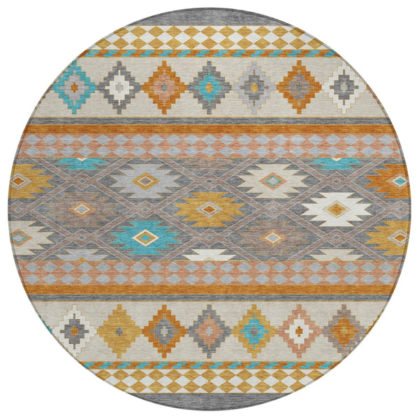 8' Gray And Silver Round Southwestern Washable Indoor Outdoor Area Rug Homeroots Outdoor
