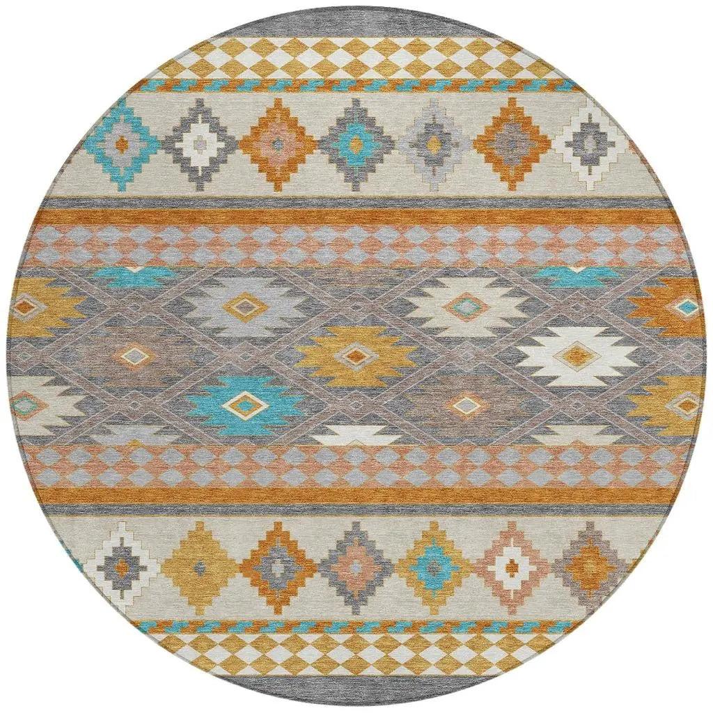 8' Gray And Silver Round Southwestern Washable Indoor Outdoor Area Rug Homeroots Outdoor