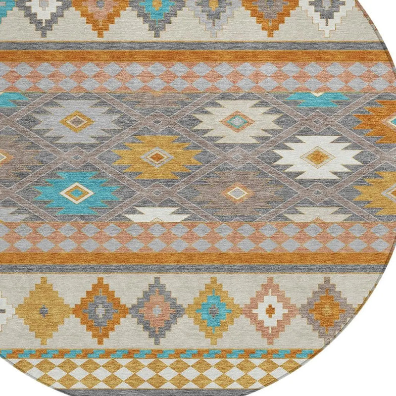8' Gray And Silver Round Southwestern Washable Indoor Outdoor Area Rug Homeroots Outdoor