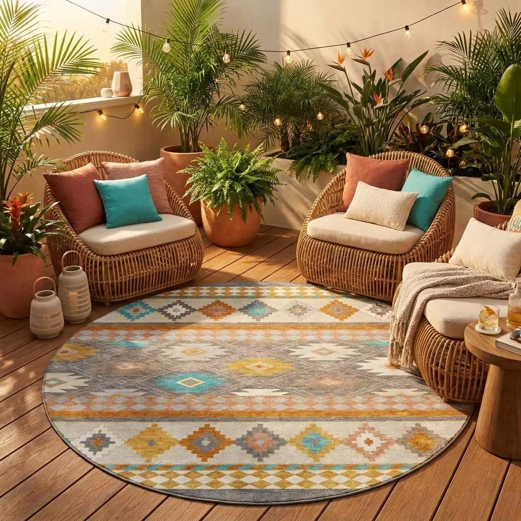 8' Gray And Silver Round Southwestern Washable Indoor Outdoor Area Rug Homeroots Outdoor