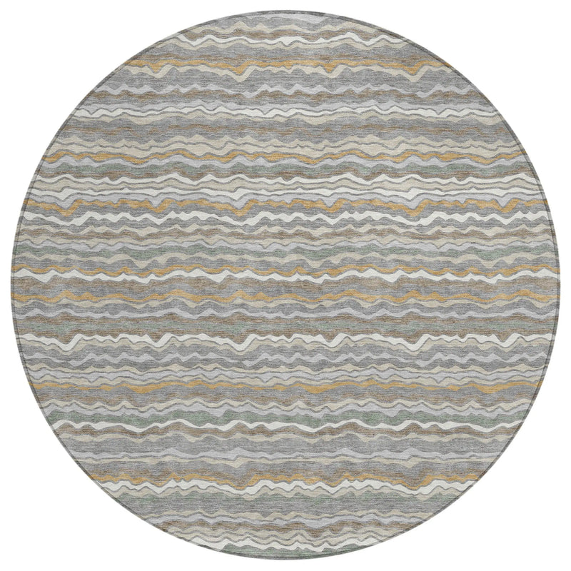 8' Gray And Silver Round Striped Washable Indoor Outdoor Area Rug Homeroots Outdoor
