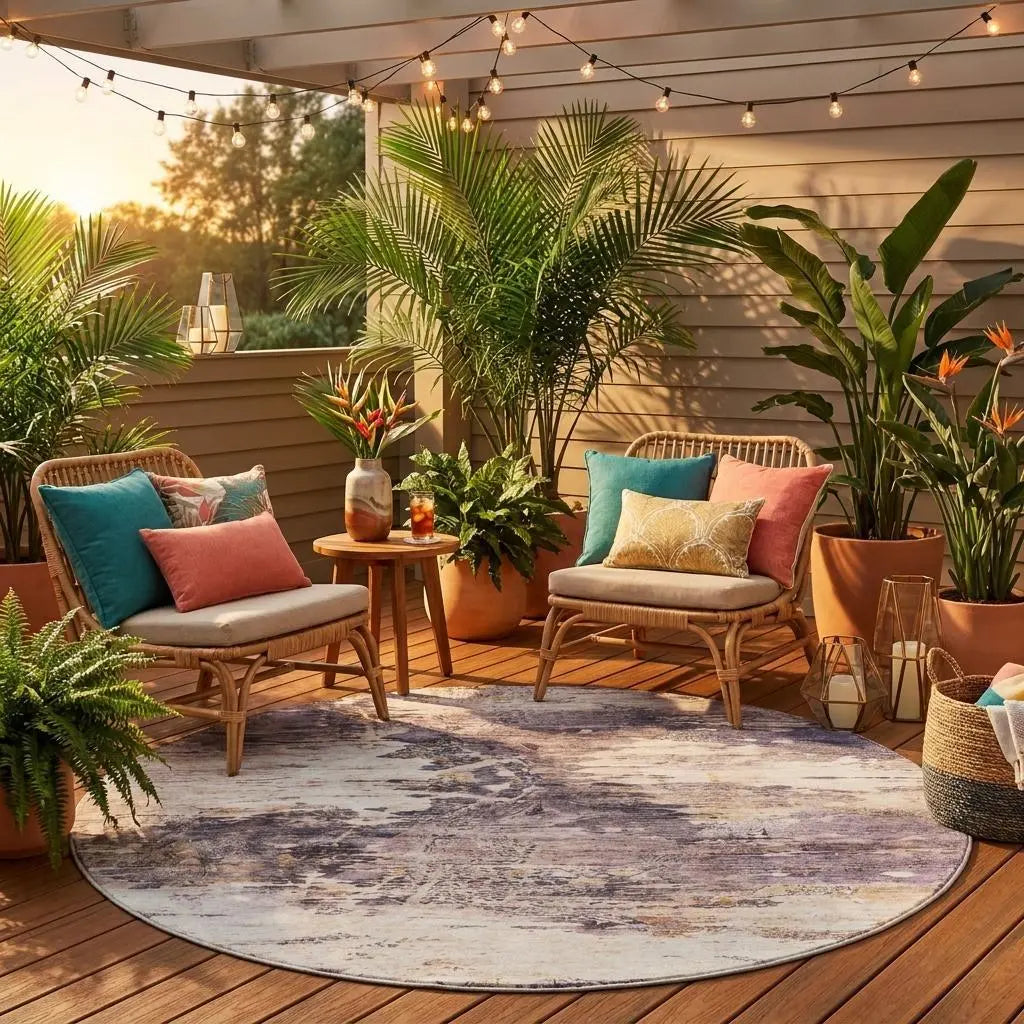 8' Gray And Tan Round Abstract Washable Indoor Outdoor Area Rug Homeroots Outdoor