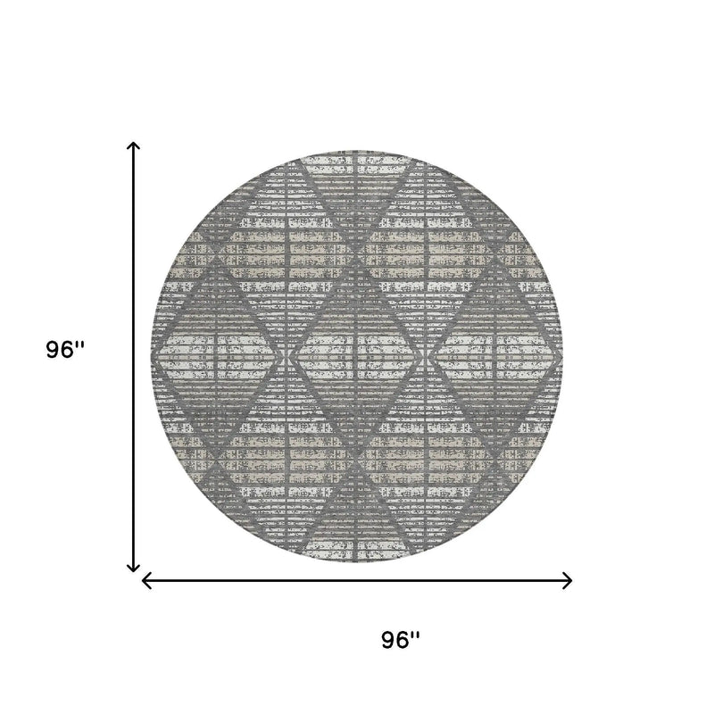 8' Gray And Taupe Round Geometric Washable Indoor Outdoor Area Rug Homeroots Outdoor