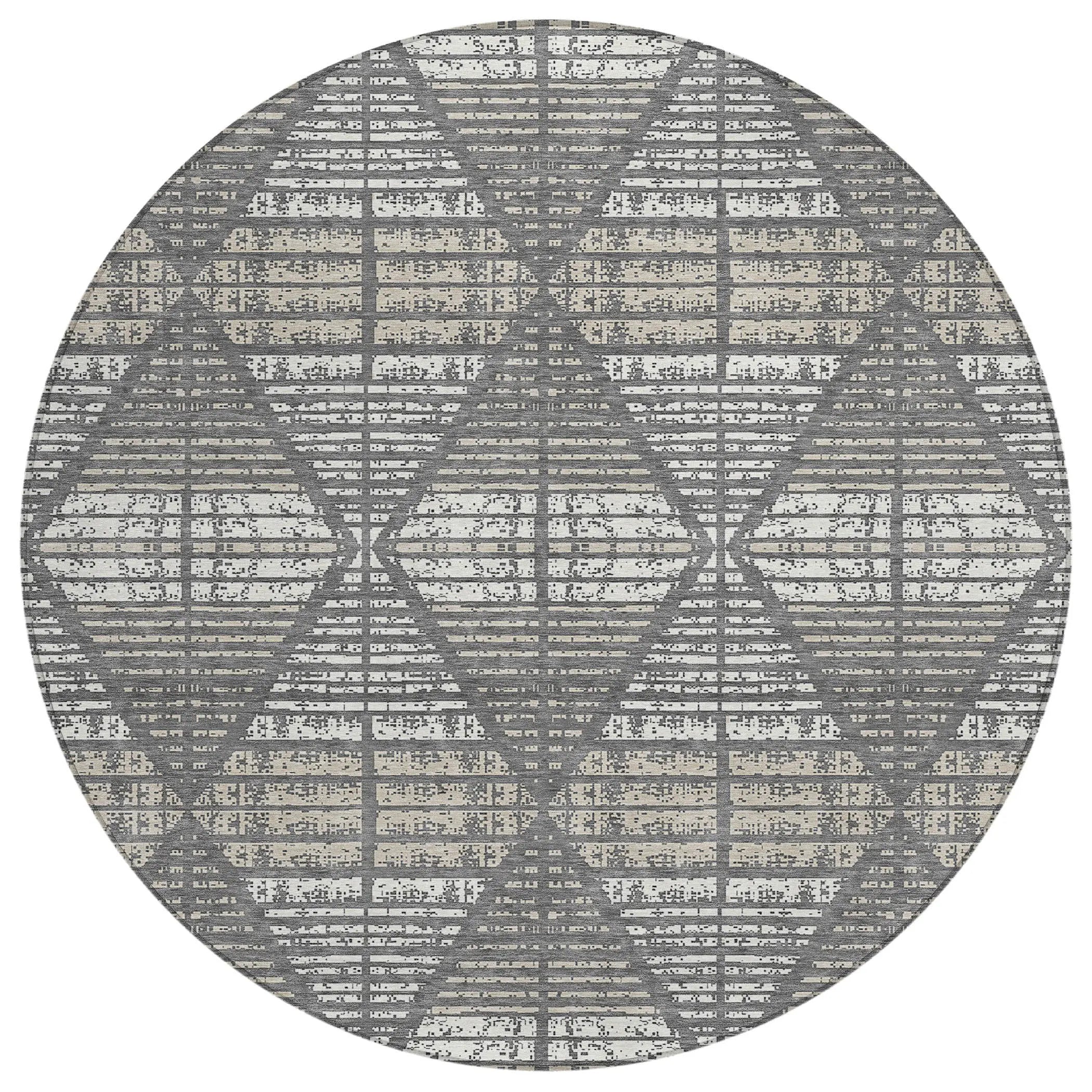 8' Gray And Taupe Round Geometric Washable Indoor Outdoor Area Rug Homeroots Outdoor