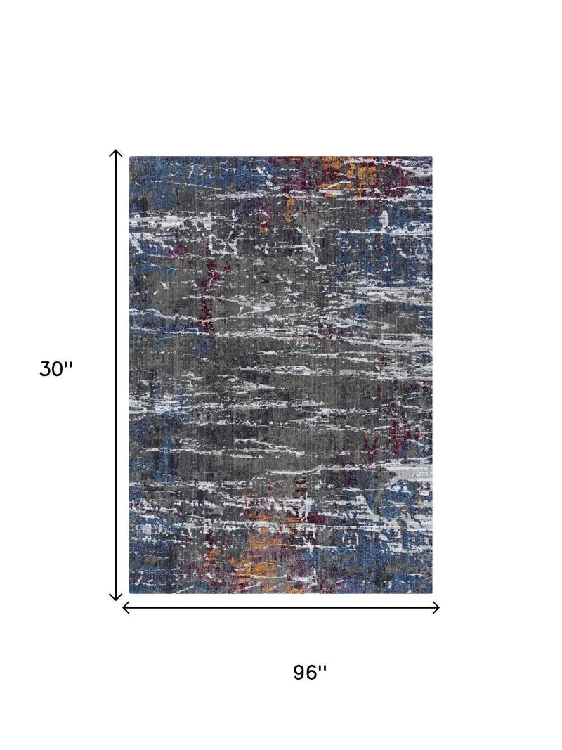 8' Gray Blue Pink Ivory And Orange Abstract Hand Carved Handmade Area Rug Homeroots Home Decor