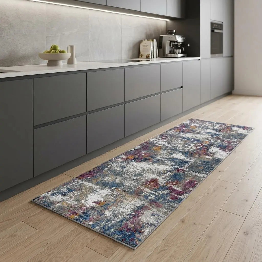 8' Gray Blue Pink Orange Red And Ivory Abstract Hand Carved Handmade Area Rug Homeroots Home Decor