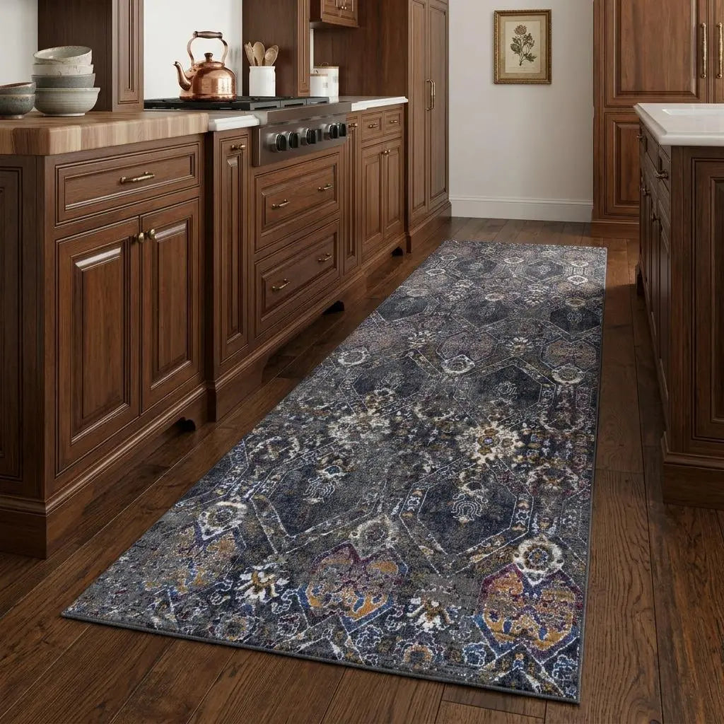 8' Gray Ivory Dark Blue Blue And Orange Oriental Hand Carved Handmade Area Rug Homeroots Home Decor