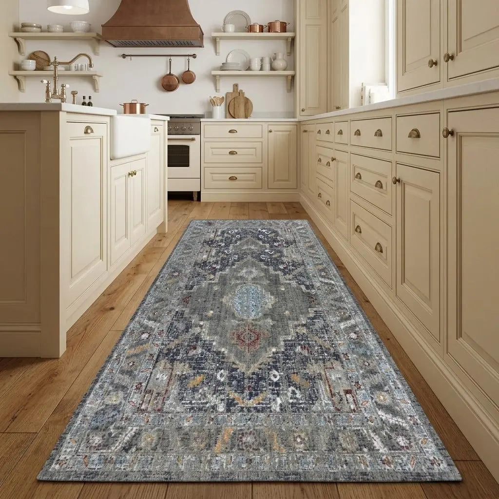 8' Gray Red Blue Orange And Ivory Medallion Hand Carved Handmade Area Rug Homeroots Home Decor