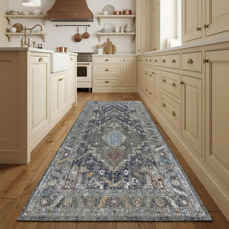 8' Gray Red Blue Orange And Ivory Medallion Hand Carved Handmade Area Rug Homeroots Home Decor