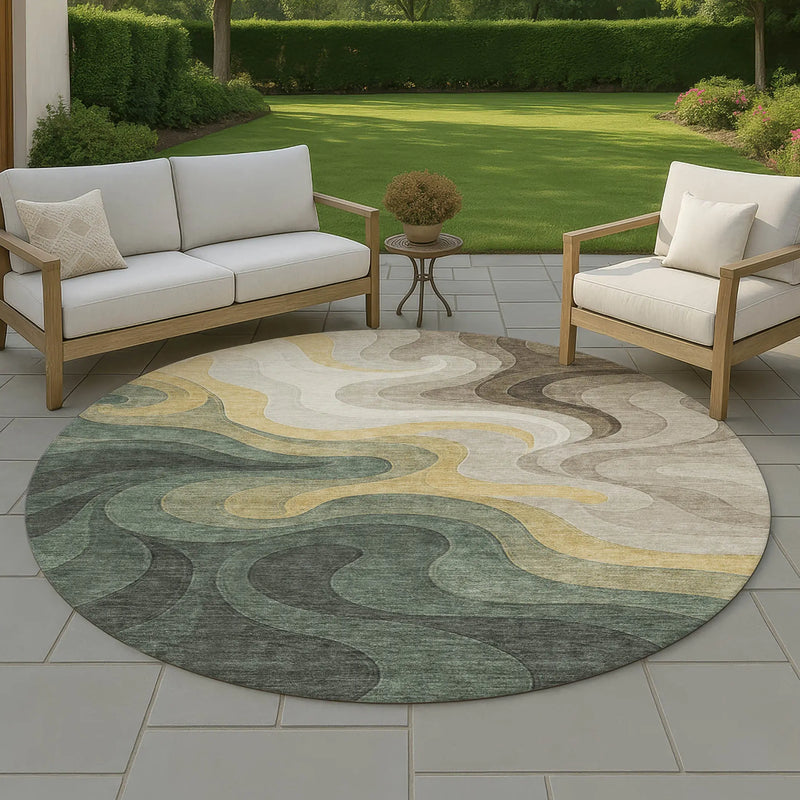 8' Green And Beige Round Abstract Washable Indoor Outdoor Area Rug Homeroots Outdoor