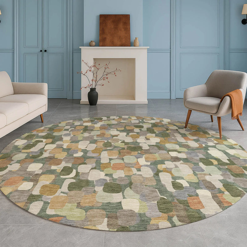 8' Green And Beige Round Abstract Washable Indoor Outdoor Area Rug Homeroots Outdoor