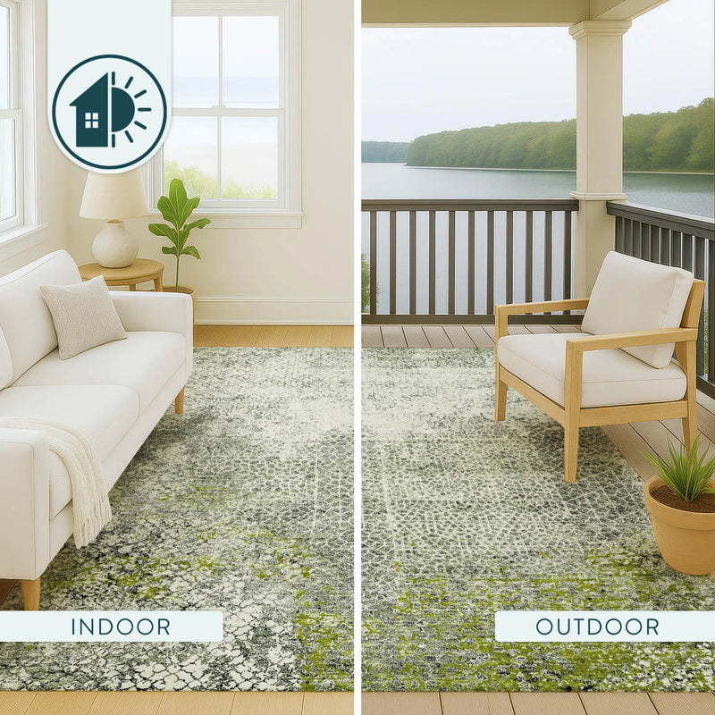 8' Green And Beige Round Abstract Washable Indoor Outdoor Area Rug Homeroots Outdoor