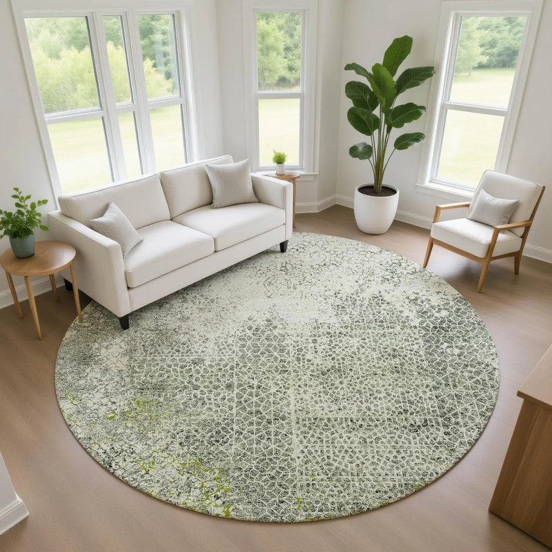 8' Green And Beige Round Abstract Washable Indoor Outdoor Area Rug Homeroots Outdoor