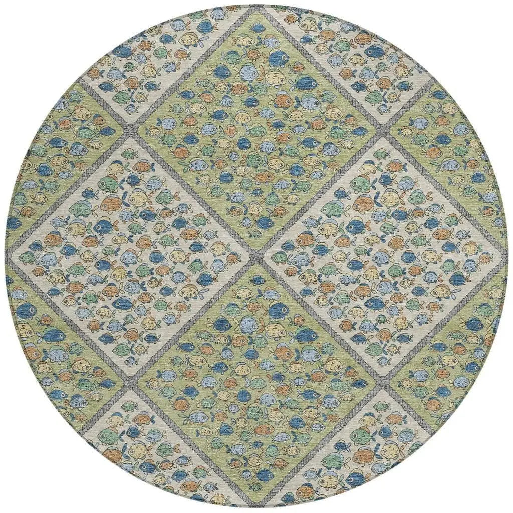 8' Green And Beige Round Abstract Washable Indoor Outdoor Area Rug Homeroots Outdoor