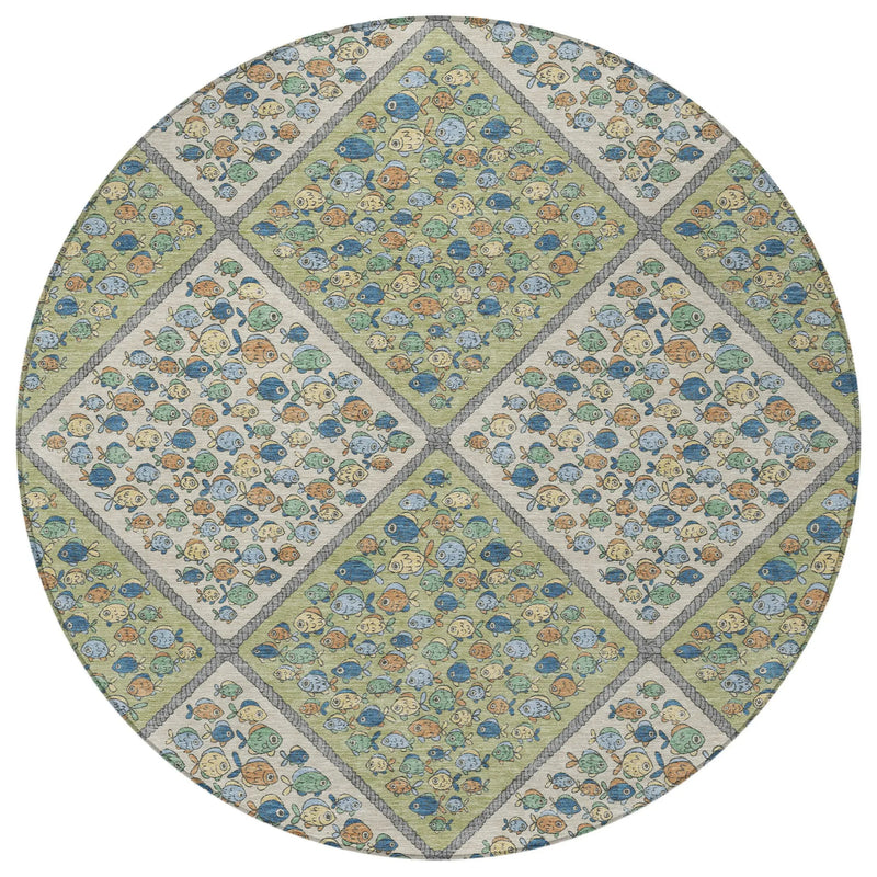 8' Green And Beige Round Abstract Washable Indoor Outdoor Area Rug Homeroots Outdoor