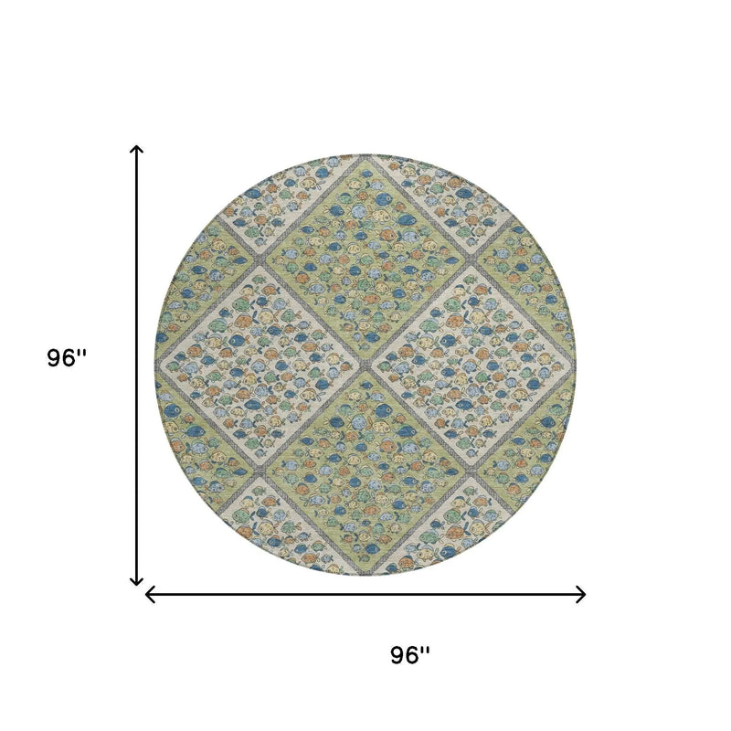 8' Green And Beige Round Abstract Washable Indoor Outdoor Area Rug Homeroots Outdoor