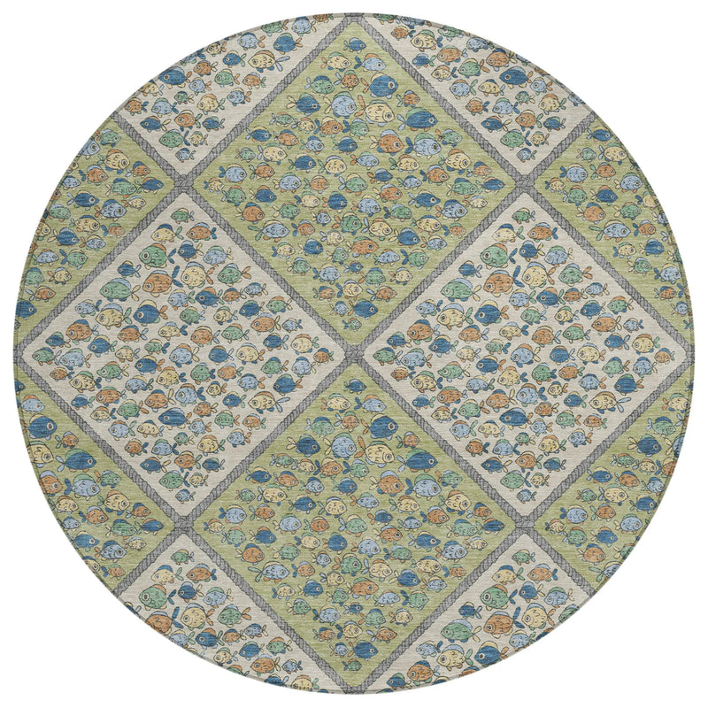 8' Green And Beige Round Abstract Washable Indoor Outdoor Area Rug Homeroots Outdoor