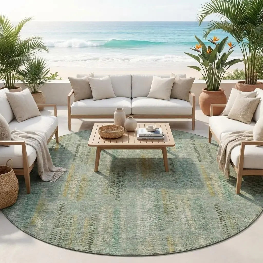 8' Green And Beige Round Abstract Washable Indoor Outdoor Area Rug Homeroots Outdoor