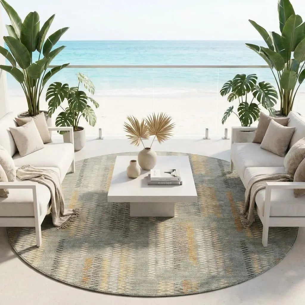 8' Green And Beige Round Abstract Washable Indoor Outdoor Area Rug Homeroots Outdoor