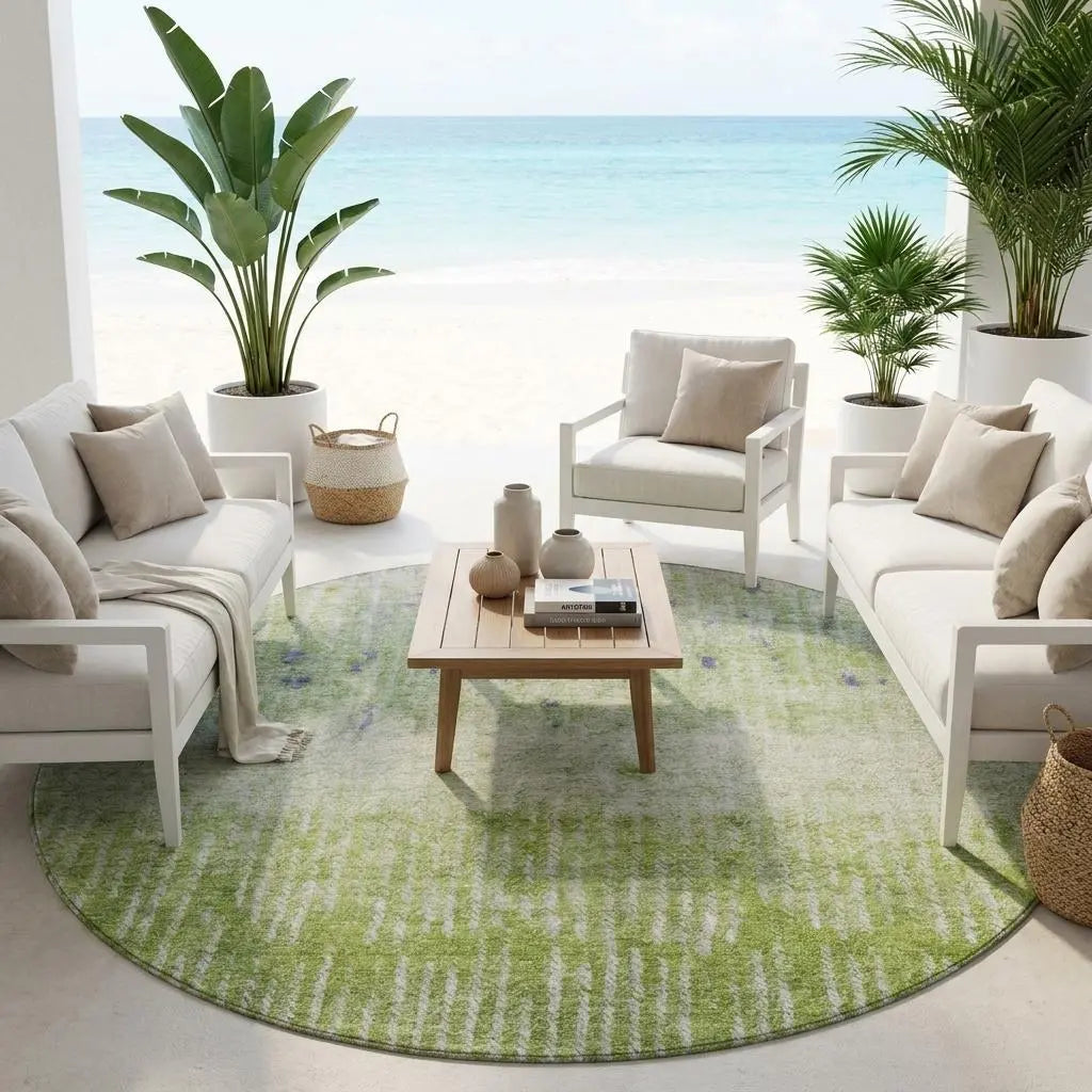 8' Green And Beige Round Abstract Washable Indoor Outdoor Area Rug Homeroots Outdoor